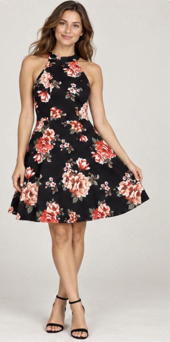 No Boundaries Women XS Black Floral Sleeveless Fit Flare Midi Dress